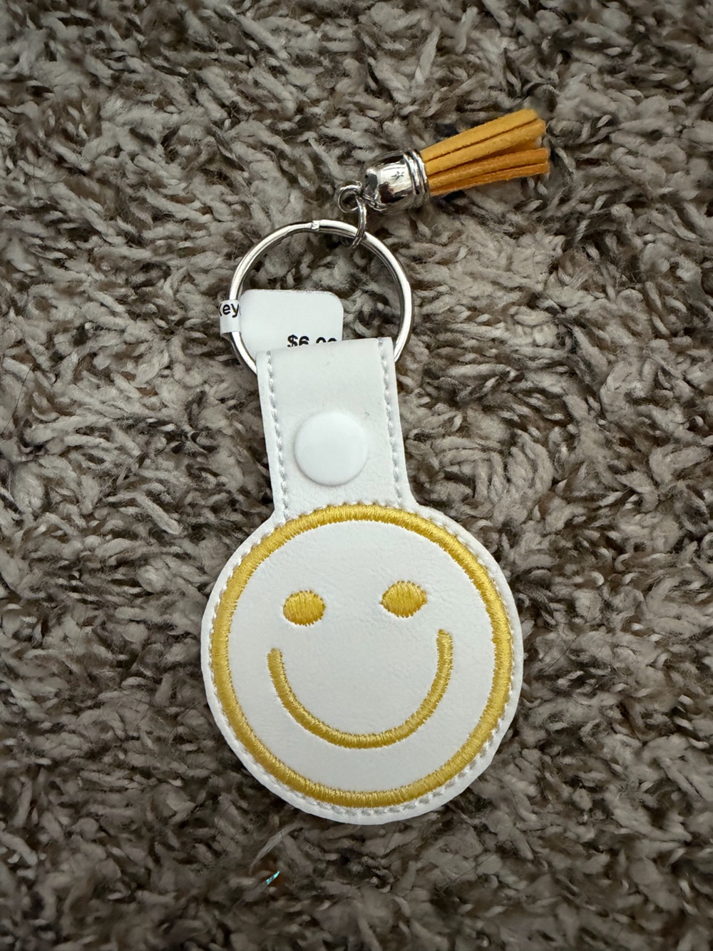 Smiley Face White Leather Keychain with Yellow Embroidery
